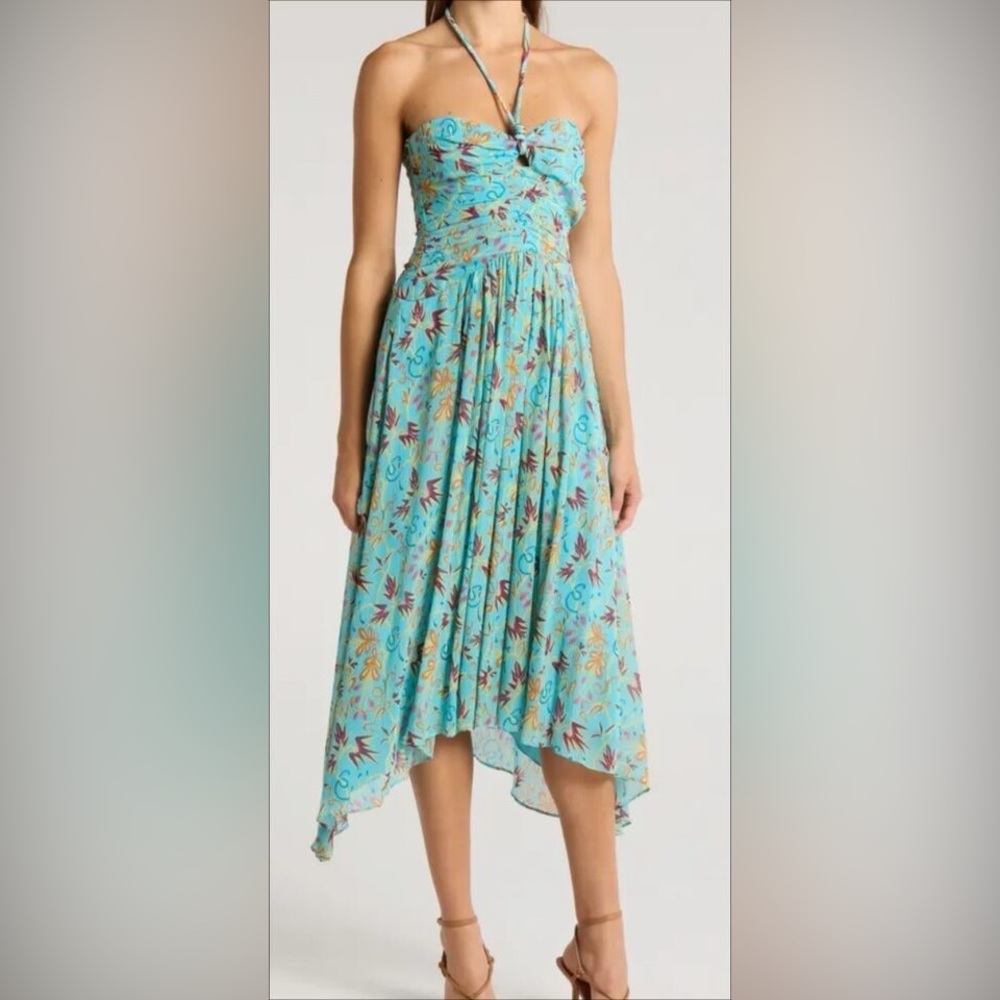 A.L.C. VIOLET BLUE TEAL SILK PRINTED HALTER SLEEVELESS ASYMMETRIC,SZ 2,$695